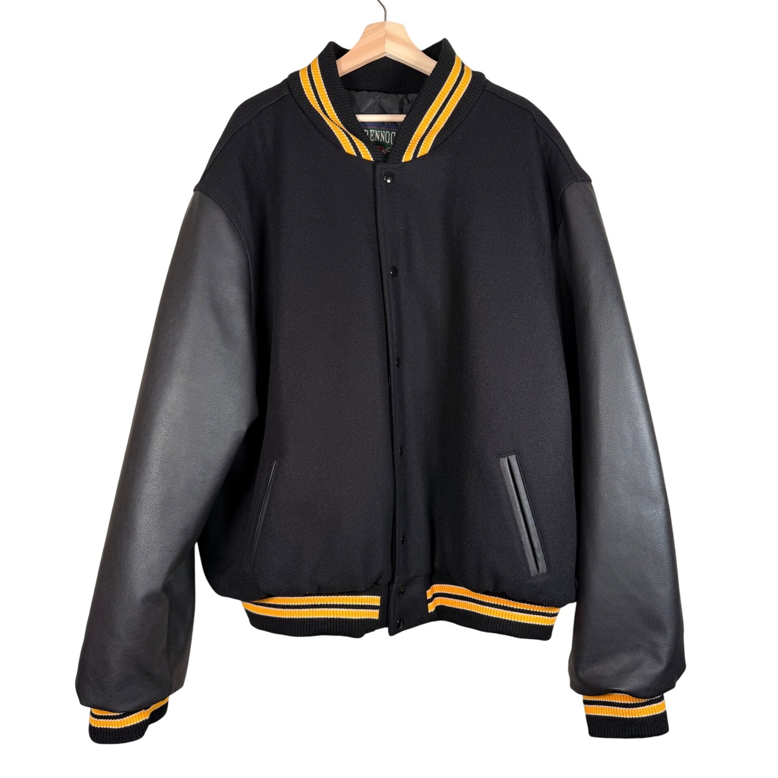 New Rennoc Classic Mens 3xl Black Leather Sleeve Varsity Letterman Jacket Gold